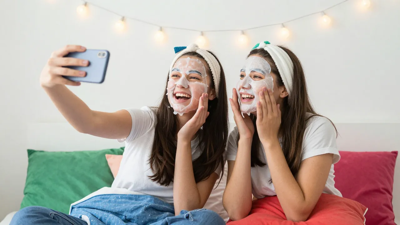 Two teenage friends doing a skincare routine together at a sleepover with sheet masks laughing