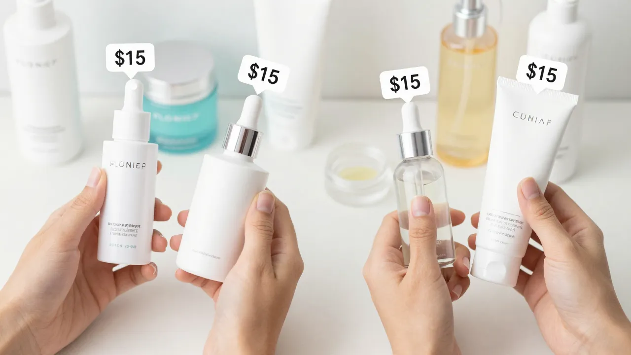 Hands holding affordable skincare products with comparison layout on a bright countertop