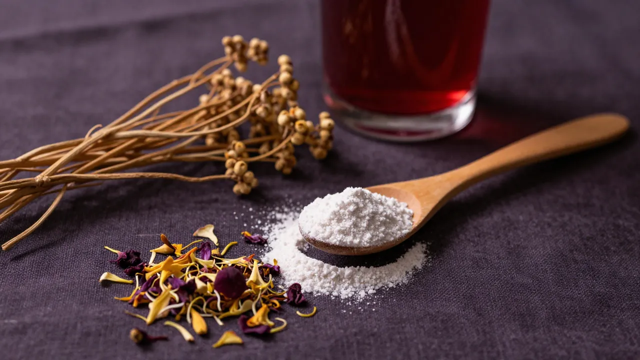 Natural sleep aids on dark linen — valerian root, passionflower, magnesium powder, and tart cherry juice