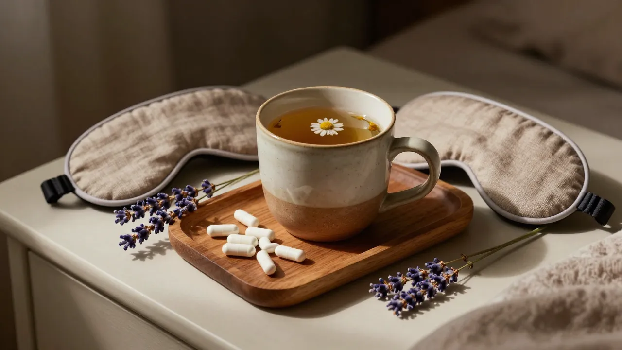 Bedtime wellness scene with chamomile tea, sleep supplements, linen mask, and dried lavender in lamplight