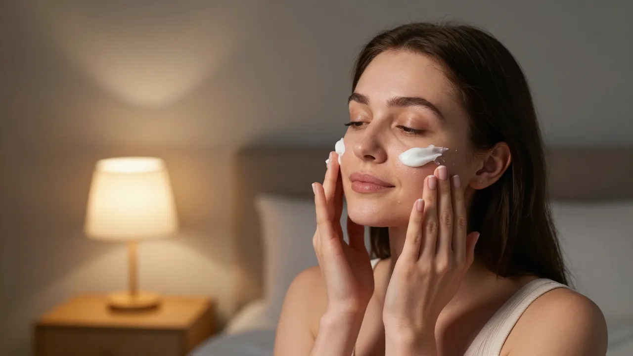Woman applying vaseline slugging technique to her face at night in soft bedroom lighting