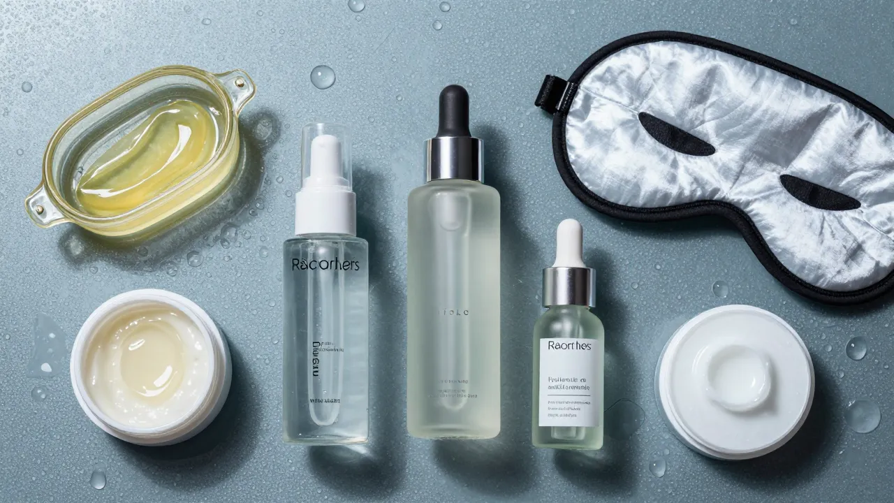Flat lay of slugging skincare products including petroleum jelly snail mucin and sleeping mask on dewy glass surface