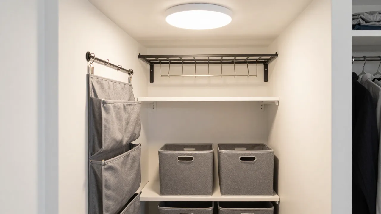 Creative small space hack showing over-the-door organizer and under-bed storage bins