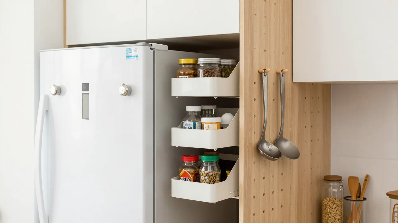Tiny kitchen with genius organization including magnetic spice rack and pegboard wall