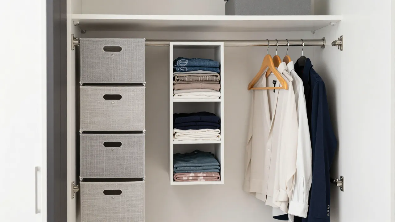 Brilliantly organized small apartment closet using stackable bins door organizers and slim hangers
