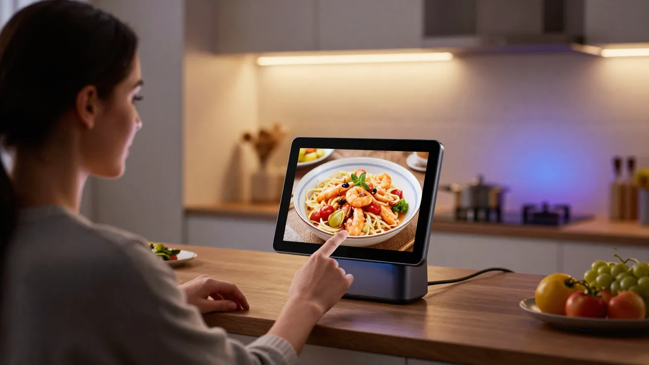 Person using voice commands with a smart display in kitchen while smart lights adjust