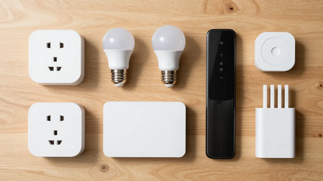 Flat lay of smart home gadgets on a wooden table including smart plug light bulb and sensor
