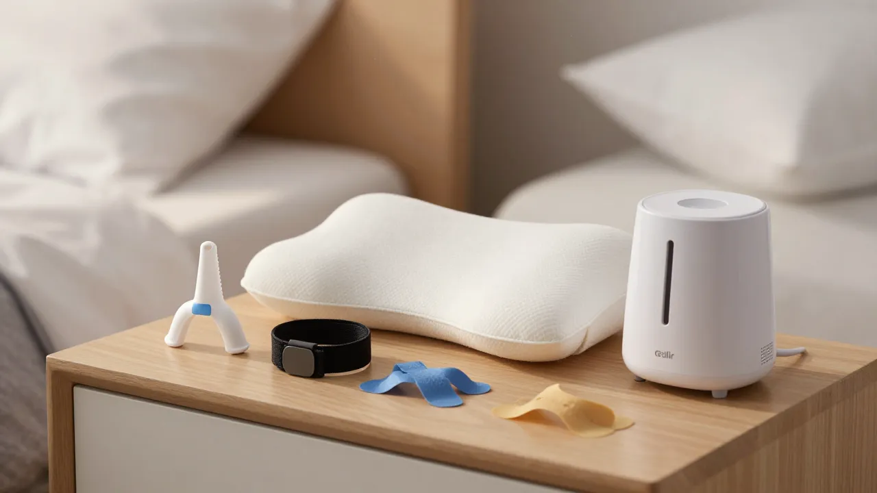 Anti-snoring products comparison including nasal strips wedge pillow and white noise machine