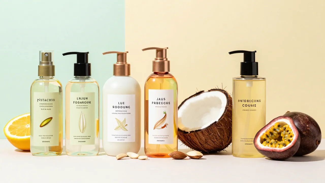 Comparison of affordable tropical body mists and creams in different scents with matching fruit