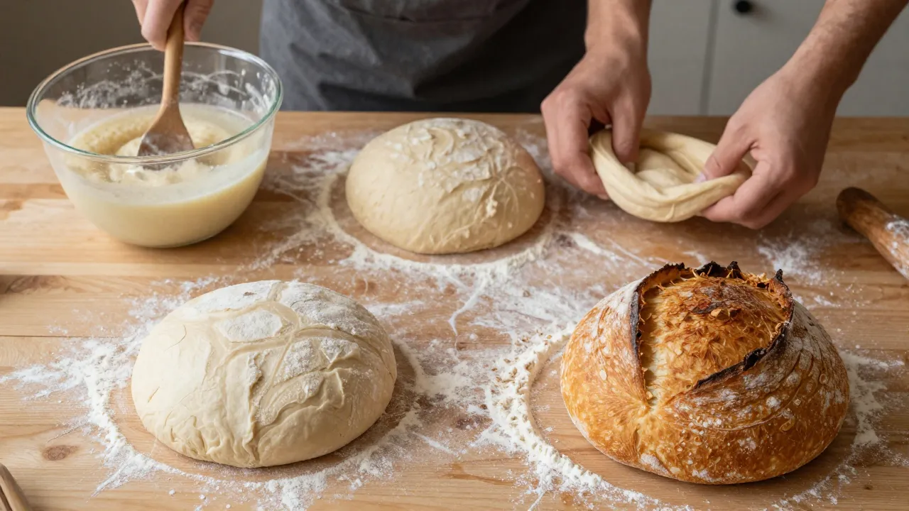 Step-by-step sourdough bread making process showing four stages from starter to golden baked loaf