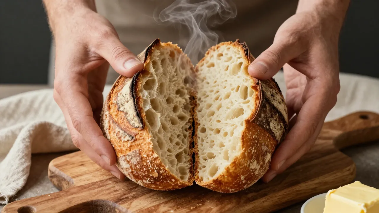 Hands pulling apart a freshly baked sourdough loaf showing open crumb structure with steam rising