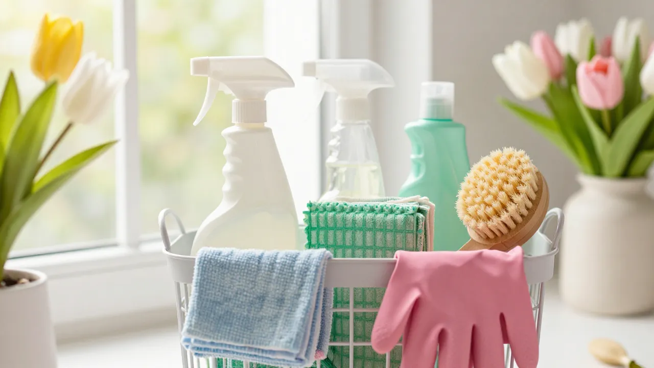 Organized spring cleaning caddy with eco-friendly sprays microfiber cloths and bamboo brush