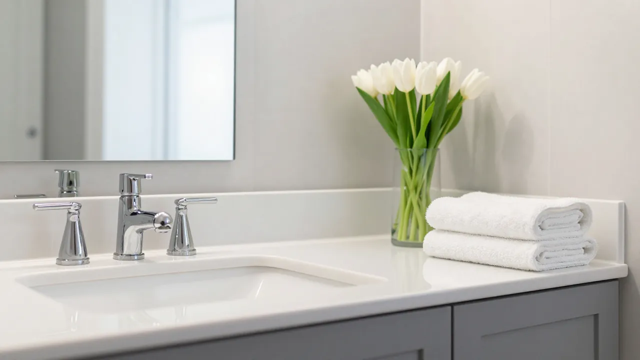 Clean sparkling bathroom after deep spring clean with gleaming fixtures and fresh tulips