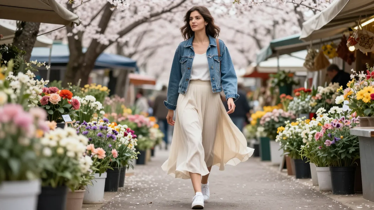 Stylish woman walking through a flower market in a spring outfit with cherry blossoms