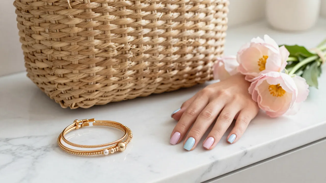 Spring fashion accessories including woven basket bag layered gold bracelets and floral hair clips