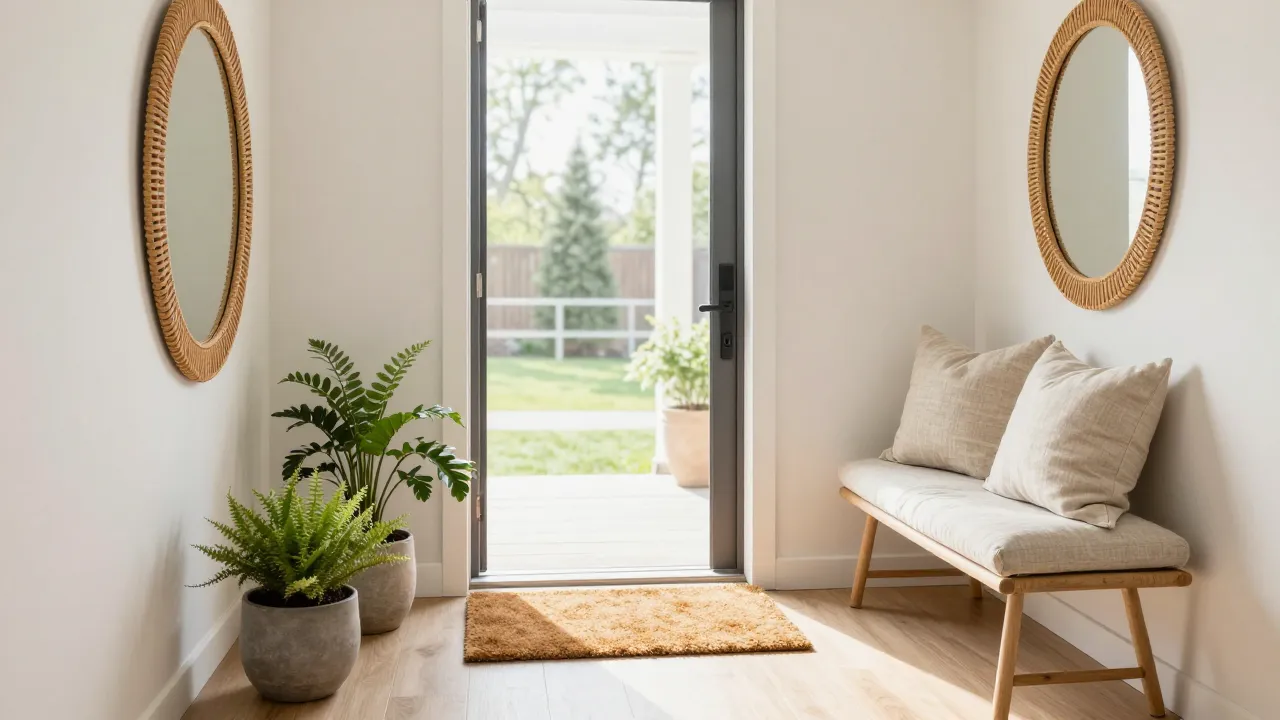 Bright entryway spring refresh with new doormat fresh potted plants and rattan mirror