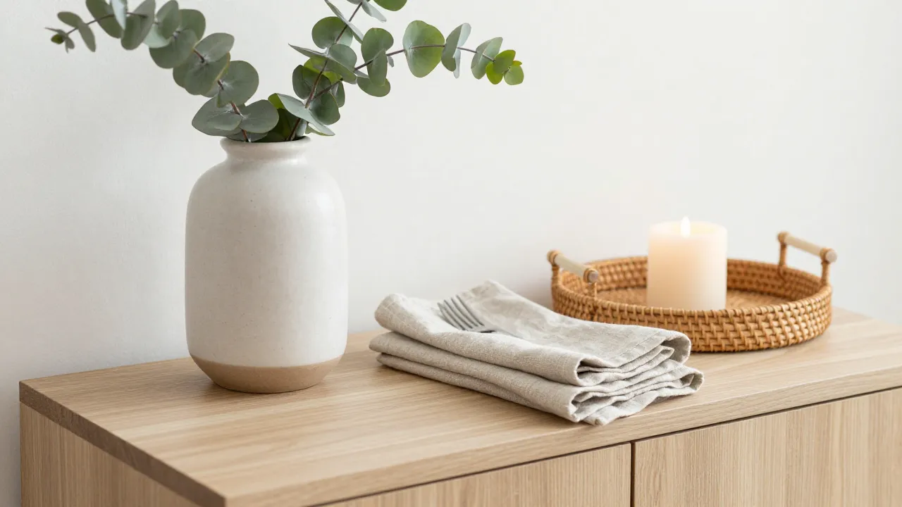 Close-up of spring decor details with ceramic vase eucalyptus and candle on console table
