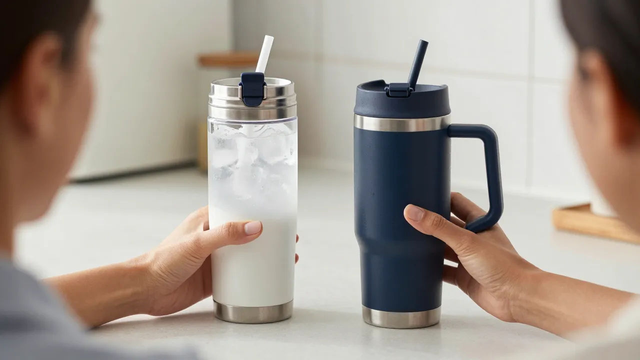 Woman comparing two insulated tumblers side by side testing ice retention and lid seal