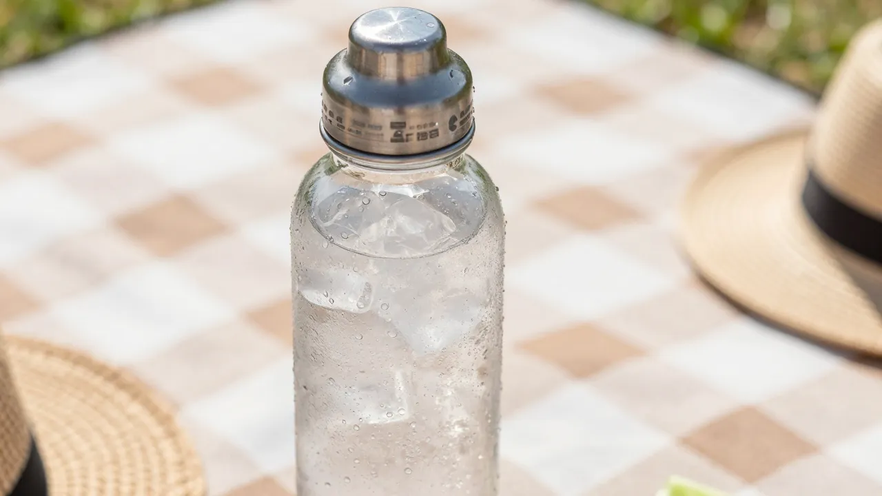 Insulated water bottle keeping drinks cold with condensation and summer picnic setting