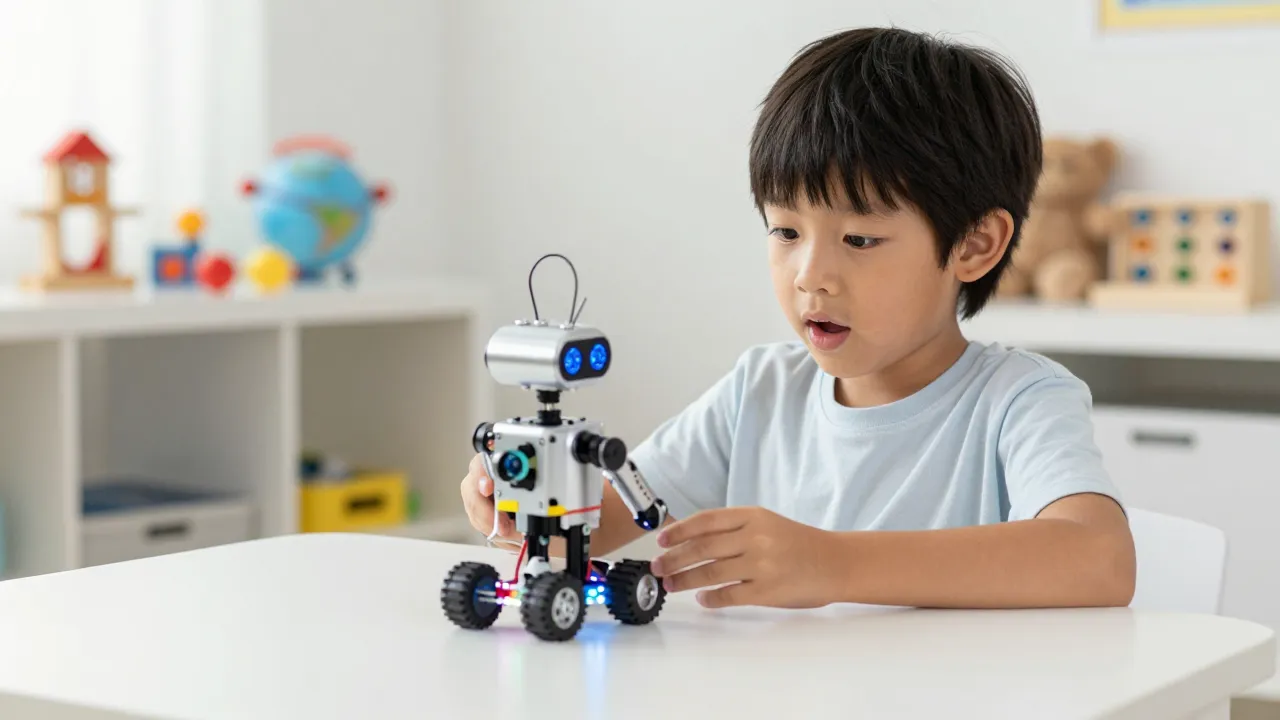 Child proudly showing off a robot they built with a coding kit with blinking LED lights