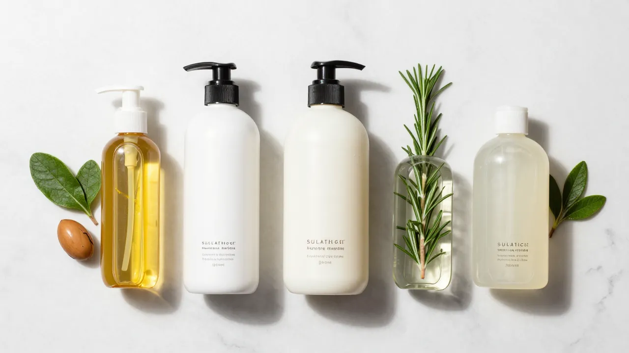 Flat lay of sulfate-free shampoo bottles with natural ingredients argan oil and rosemary