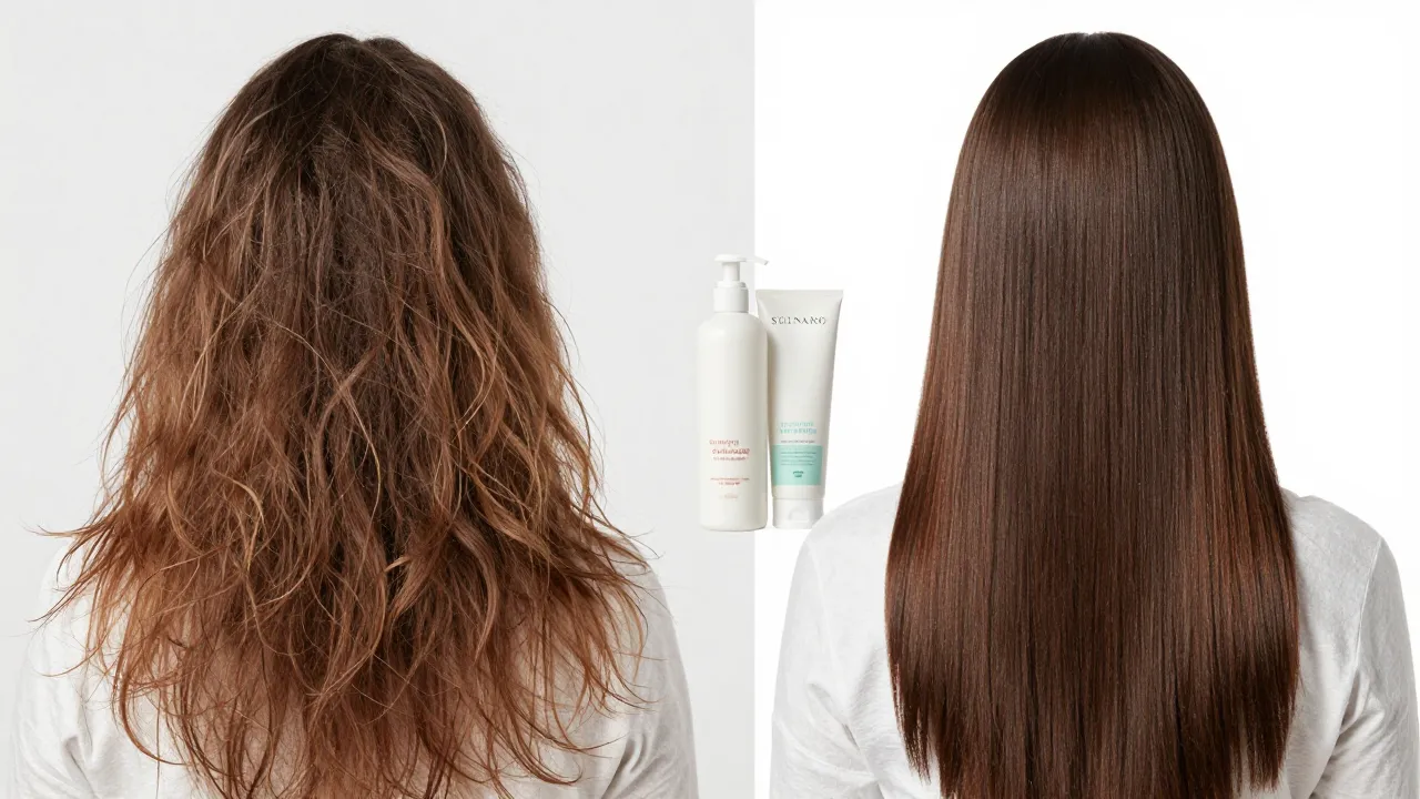 Before and after hair comparison from frizzy damaged to smooth shiny healthy hair
