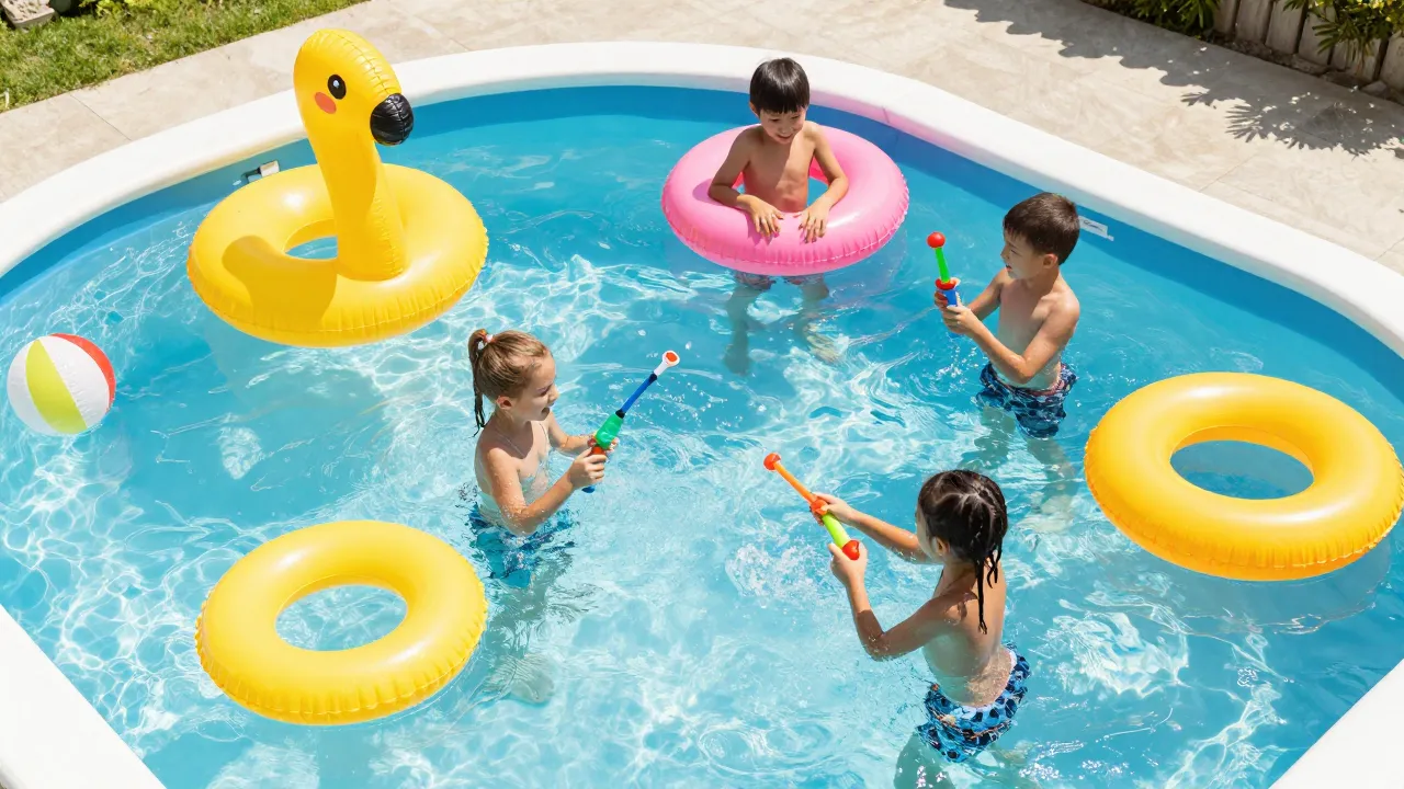 Overhead view of kids playing with summer water toys in a backyard pool with floats and diving rings