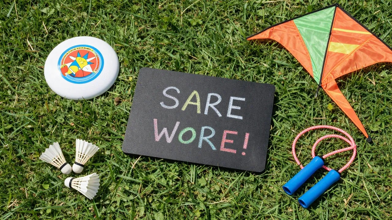 Colorful flat lay of outdoor summer toys on green grass including frisbee chalk and jump rope