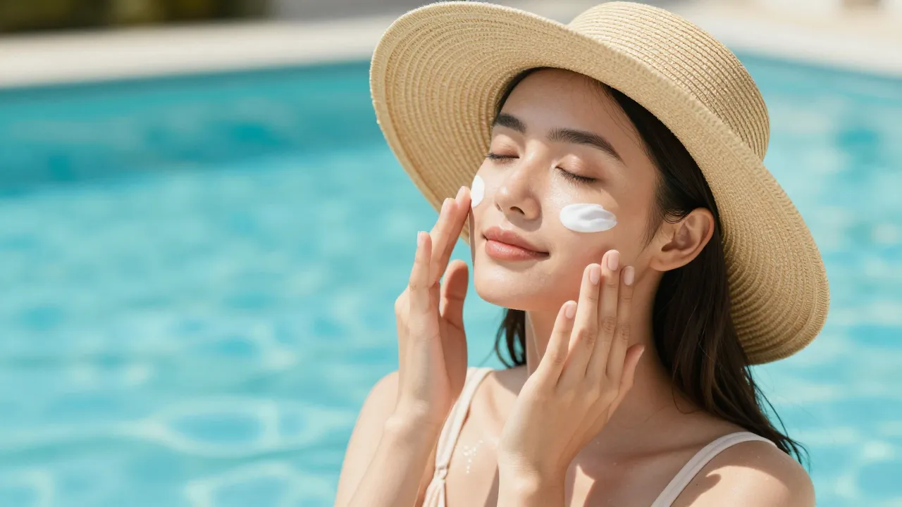 Woman applying SPF moisturizer poolside wearing a sun hat on a bright summer day