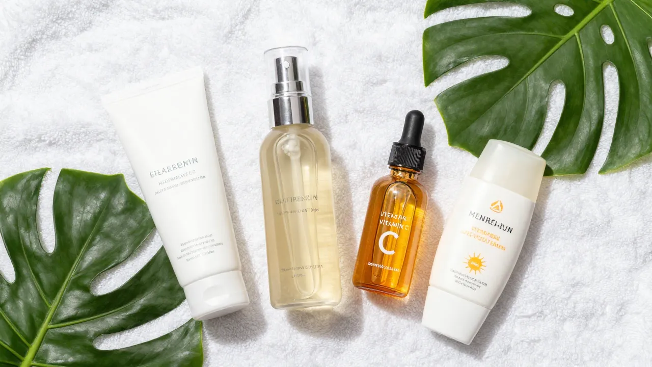 Flat lay of summer skincare routine with gel moisturizer mist toner and mineral sunscreen