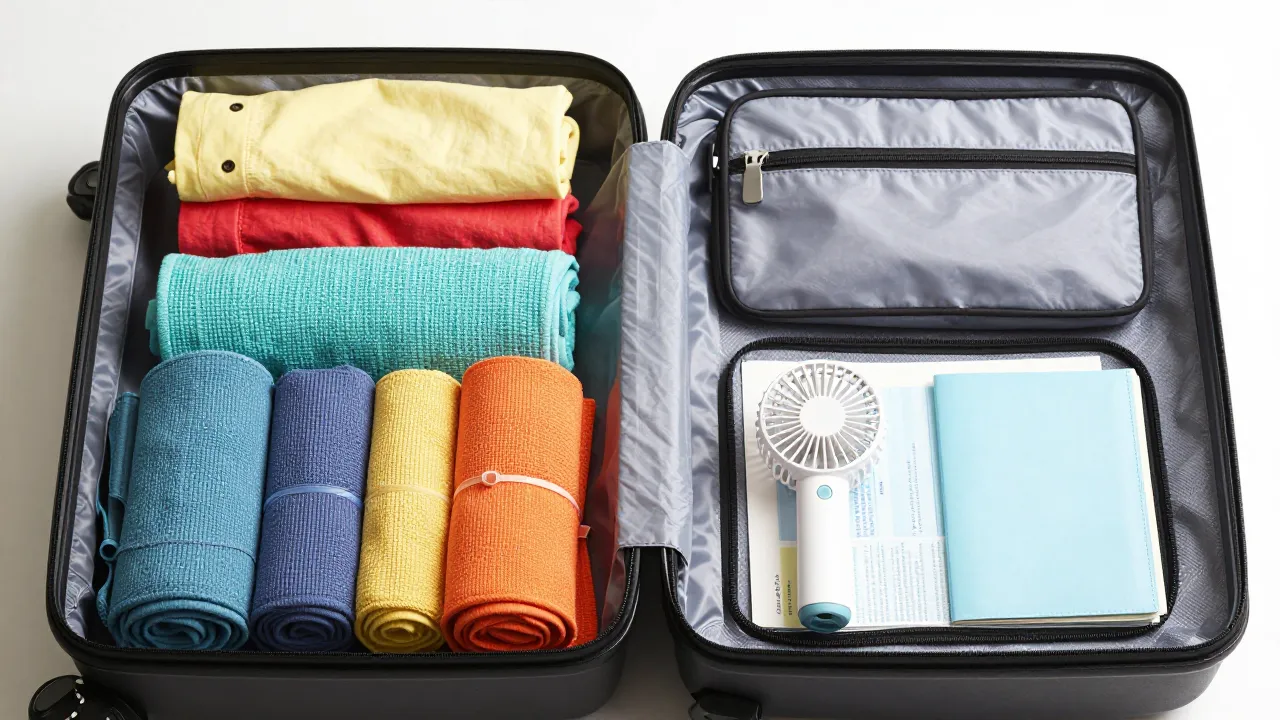 Organized packing cubes inside a carry-on suitcase showing perfectly packed summer trip bag