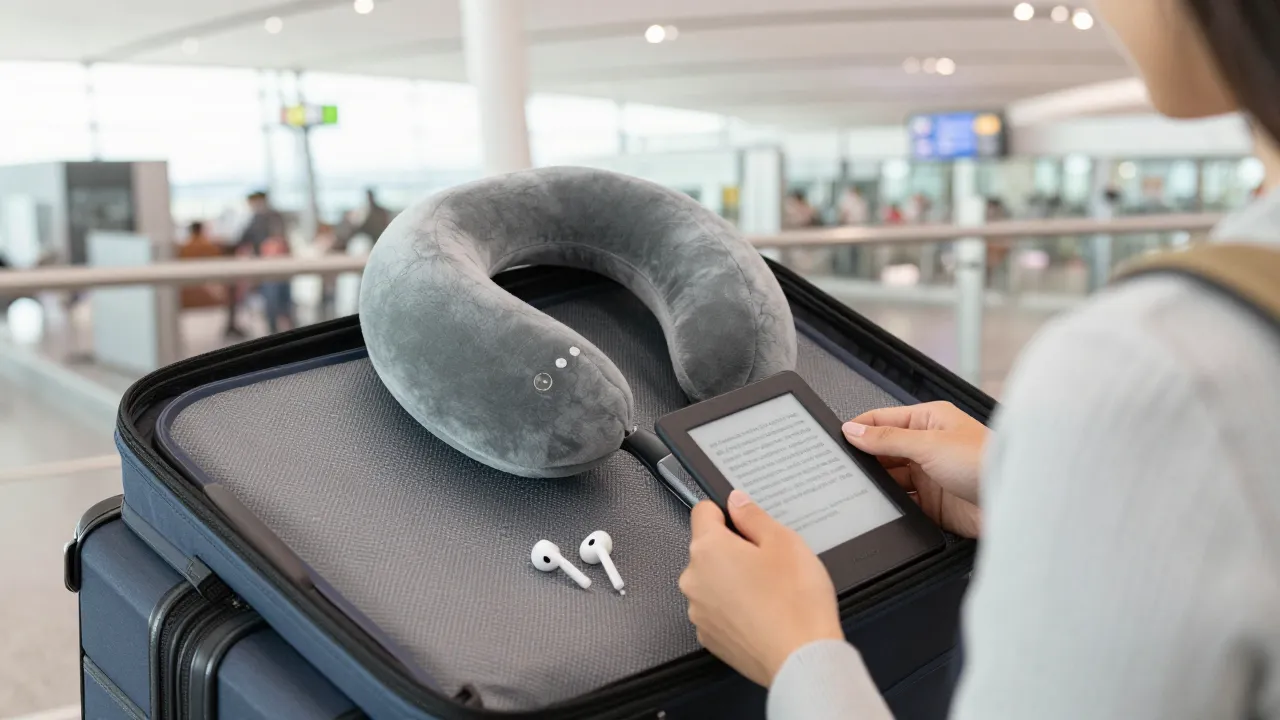 Person at airport gate using travel essentials neck pillow earbuds and kindle