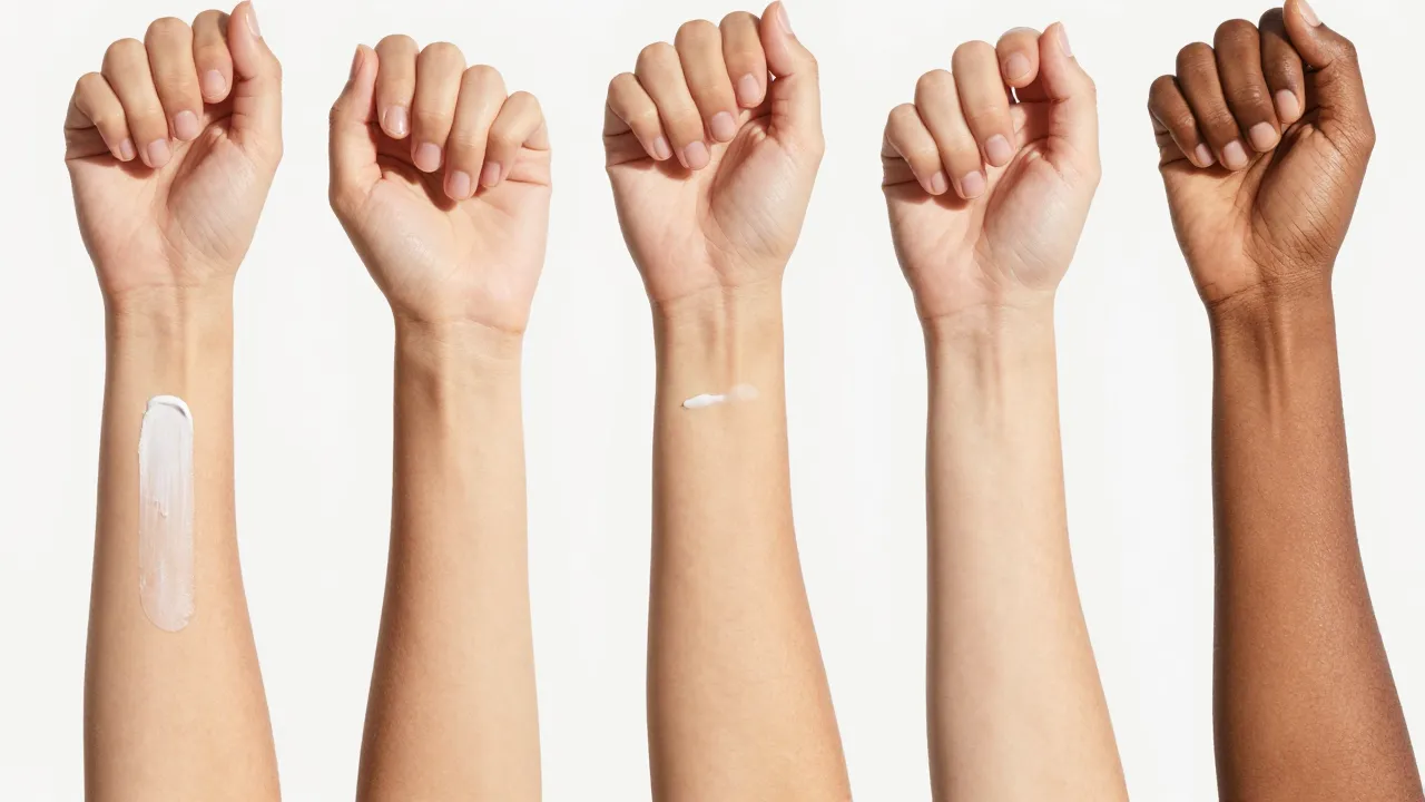 Comparison of mineral sunscreens on different skin tones showing no white cast