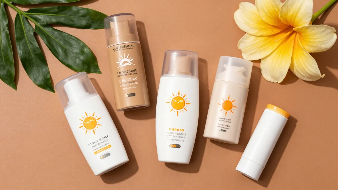 Flat lay of sunscreens for dark skin including tinted mineral SPF and sunscreen sticks