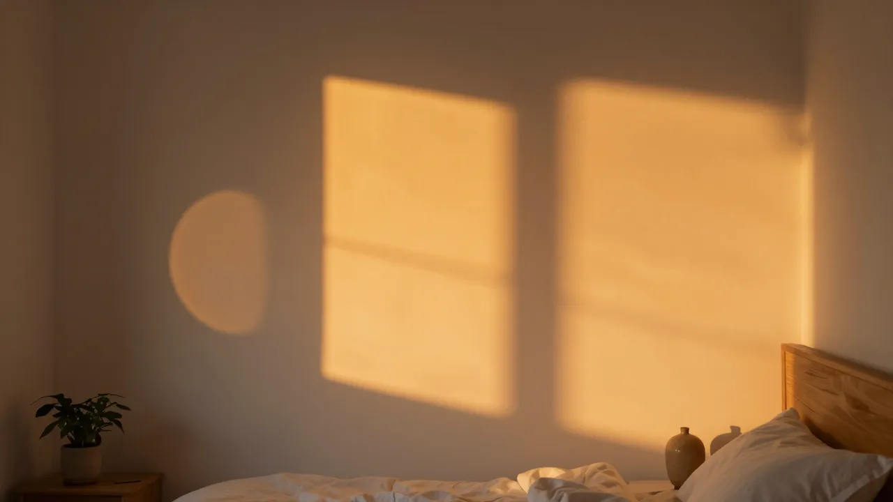 Multiple sunset lamps creating colorful golden hour projections on a white bedroom wall