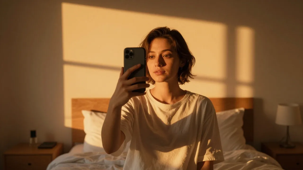 Person taking a golden hour selfie with sunset lamp creating warm amber glow in bedroom