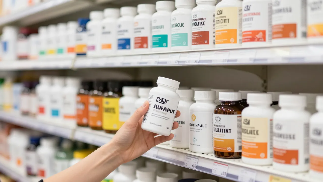 Hand picking up a supplement bottle from a shelf of affordable options in a pharmacy