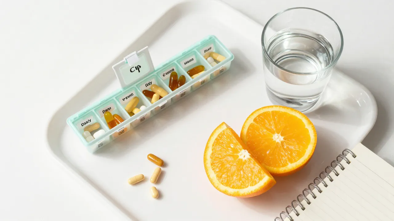 Morning supplement routine flat lay with daily vitamin organizer glass of water and orange slices