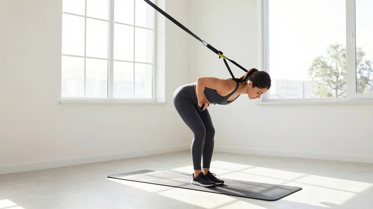 Athletic person doing a suspension trainer row exercise in a bright minimalist home gym