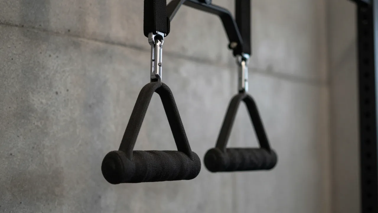 Close-up detail of suspension trainer handles and carabiner clips against concrete wall