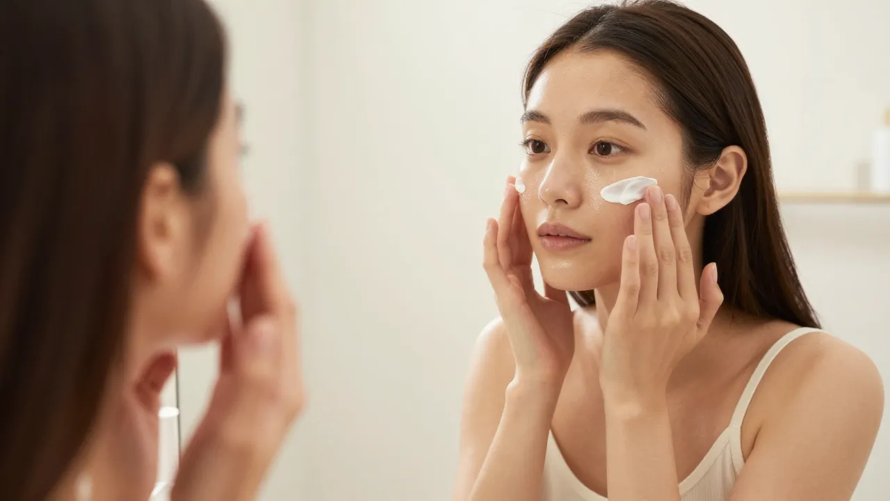 Woman applying luxurious face cream in bright bathroom mirror with dewy glowing skin