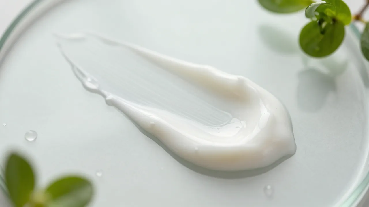 Close-up texture of creamy skincare product on glass surface with water droplets and botanicals