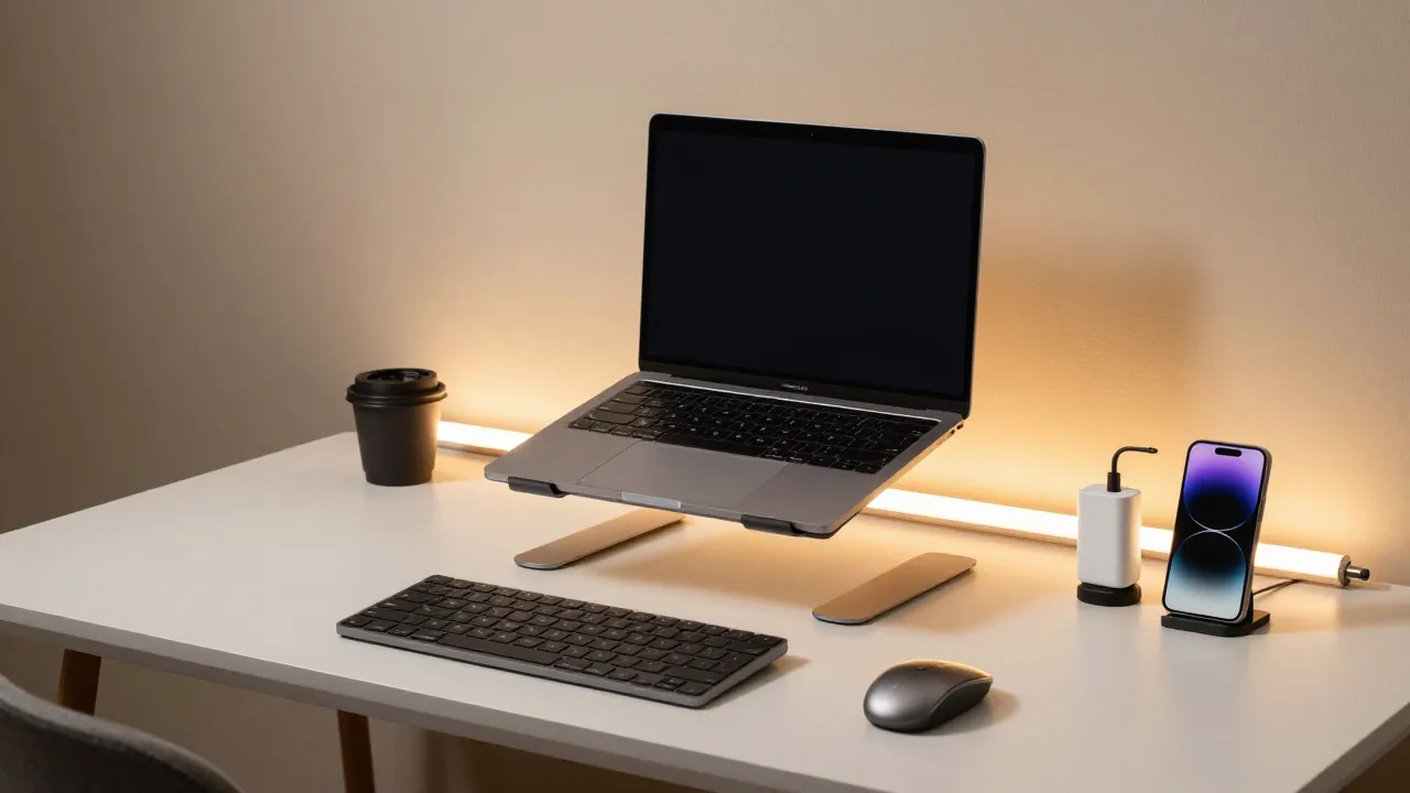 Modern desk setup with budget-friendly tech gadgets neatly organized with warm ambient lighting