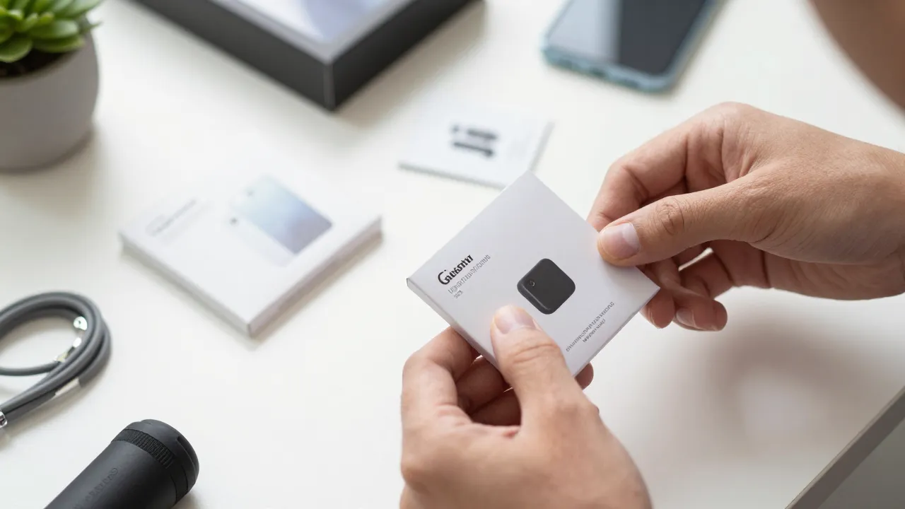 Hands unboxing small tech accessories from shipping packaging with cable clips and phone grip