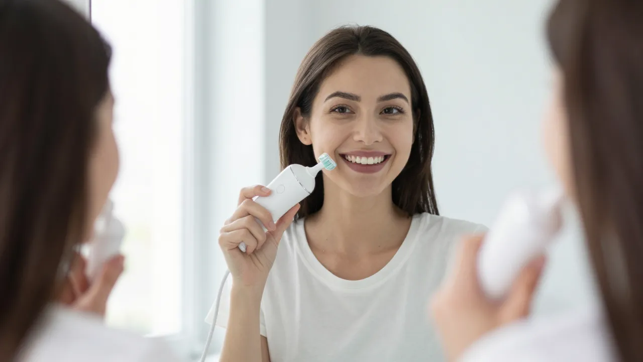 Woman smiling brightly in bathroom mirror holding a teeth whitening device in soft natural light