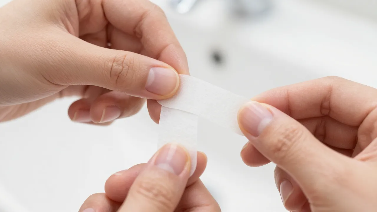 Close-up of teeth whitening strips being applied with bright white bathroom background