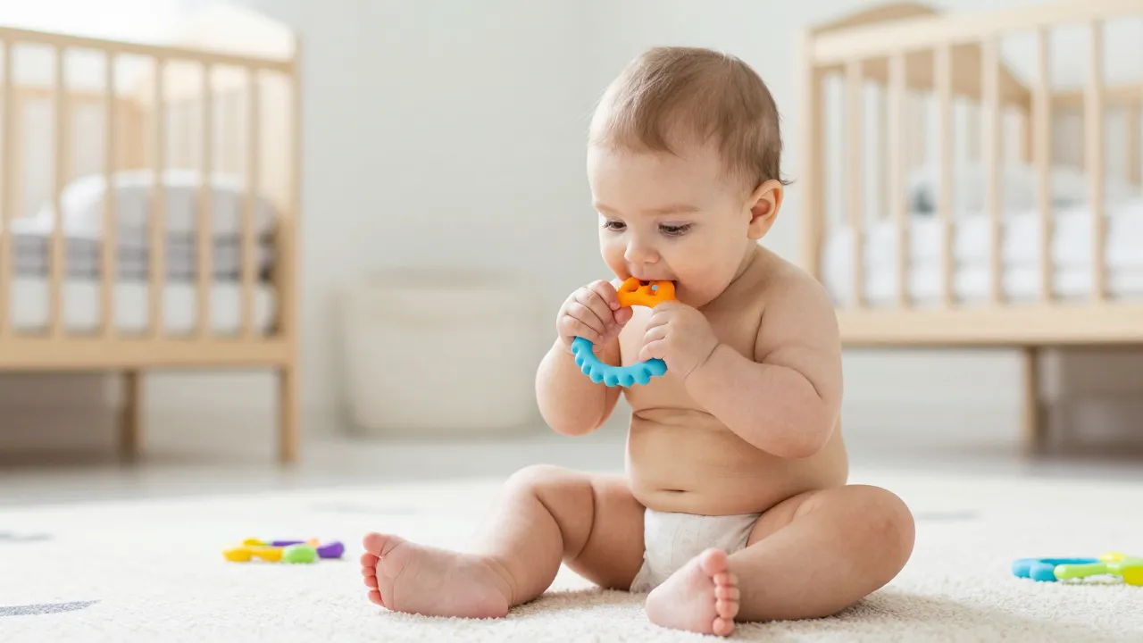 Happy baby on play mat chewing colorful silicone teething ring in bright nursery