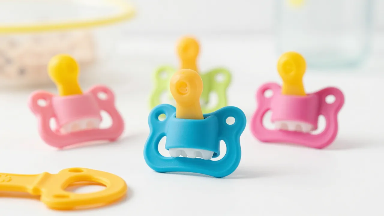 Colorful silicone baby teethers in various shapes arranged on clean white surface