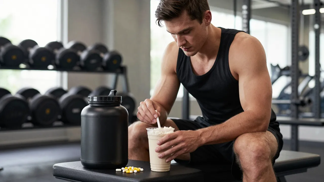 Athletic man in gym preparing supplement shake with protein powder and capsules on bench