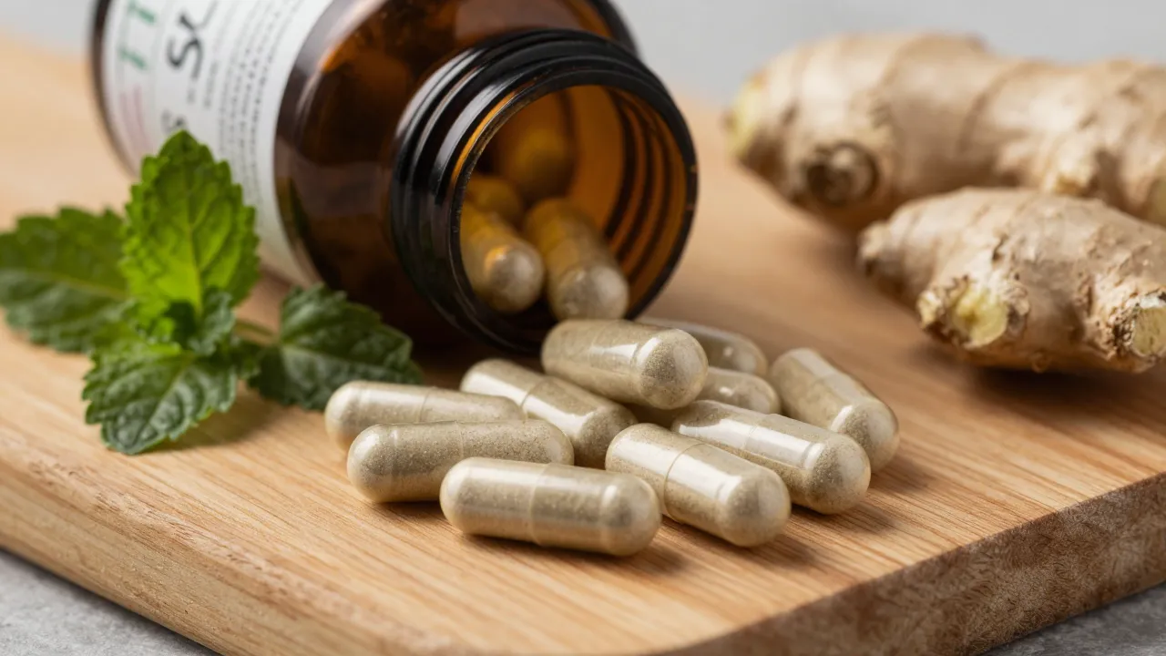 Supplement capsules spilling from dark bottle onto wooden board with fresh herbs and ginger root